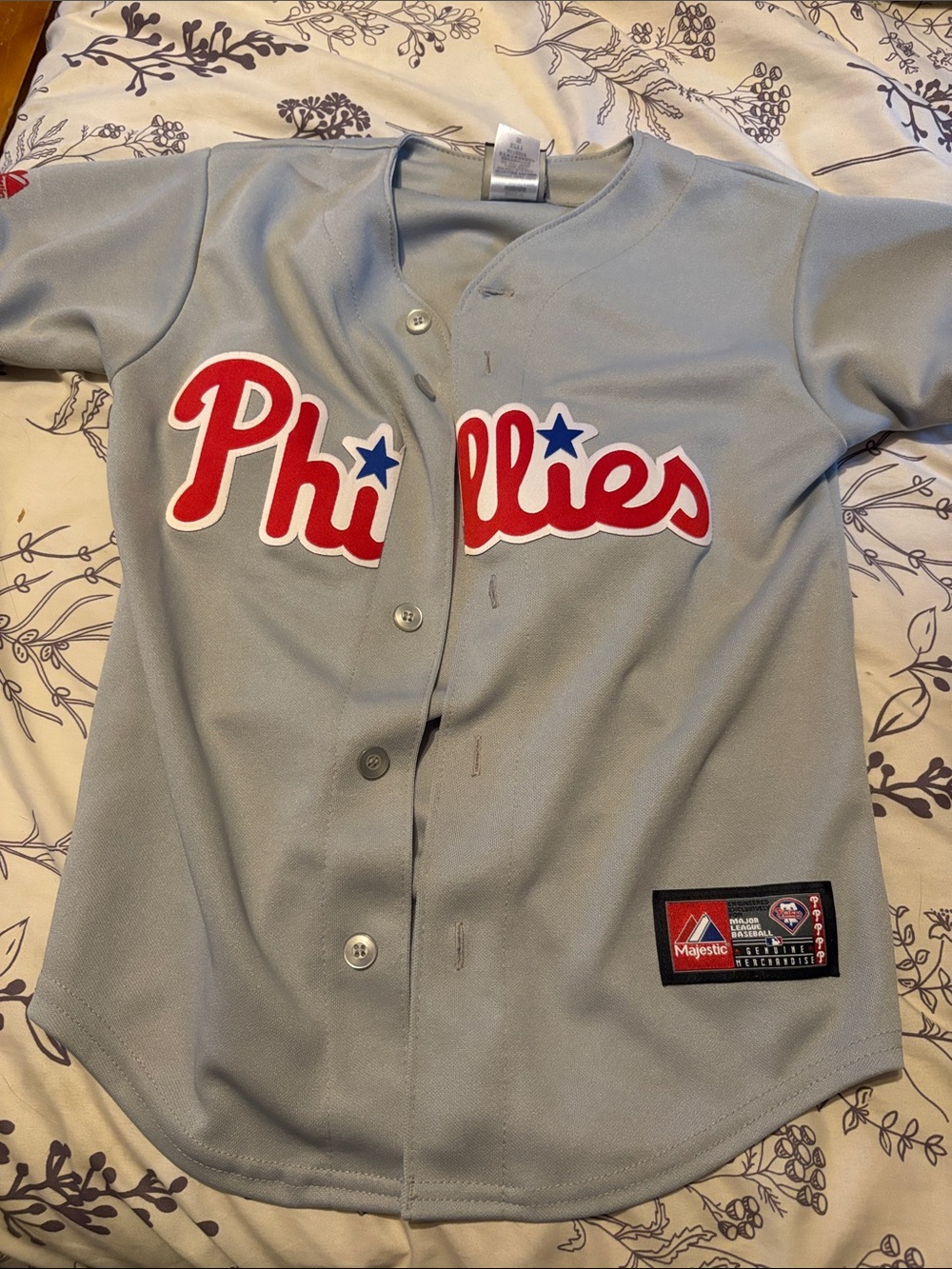 Majestic Phillies Gray Kids Jersey with Red & Blue Script